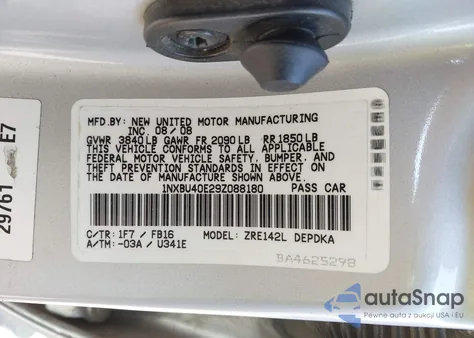 2009 Toyota Corolla Le z USA, uszkodzony, nr VIN 1NXBU40E29Z088180